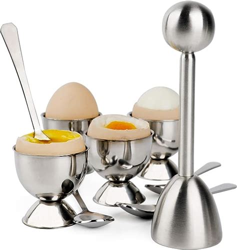 Egg Cracker Topper Set Soft Hard Boiled Eggs Separator Holder Include 4 Spoons And 4 Cups 1