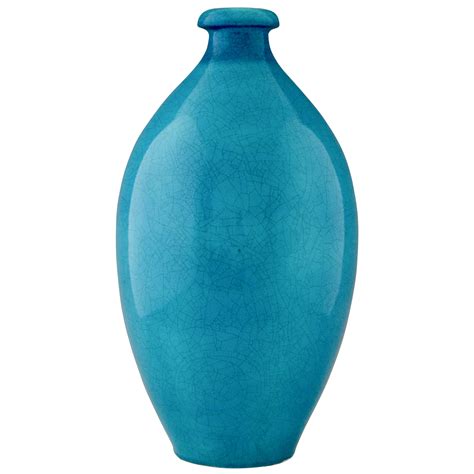Tall Art Deco Vase Blue Craquelé Ceramic Deconamic