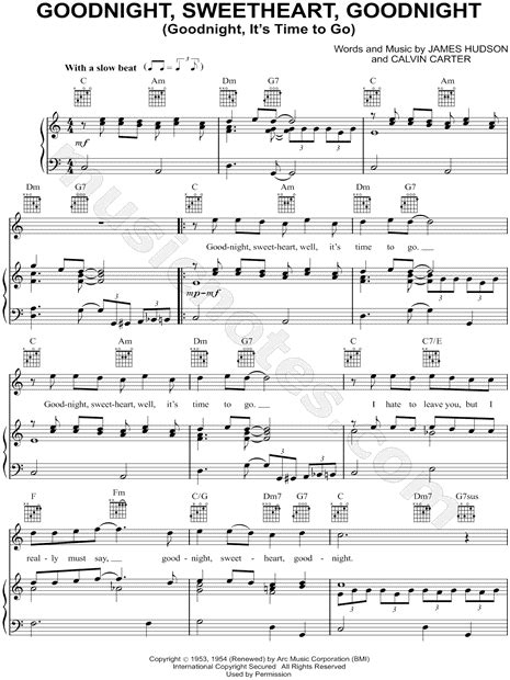 The Mcguire Sisters Goodnight Sweetheart Goodnight Sheet Music In C Major Transposable