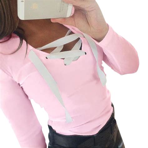 fashion women sex t shirt autumn long sleeve v neck tee tos sexy lace up ladies tops lj5270a top