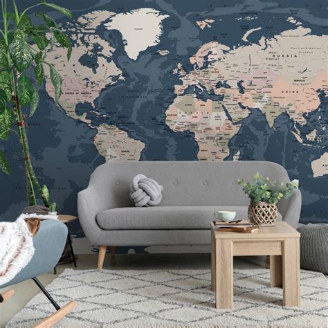 World Map Mural In Dark Large I Love Wallpaper