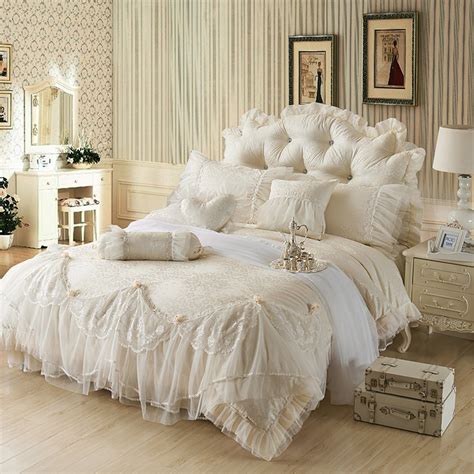 Luxury Silk Jacquard Satin Princess Ruffles Lace Bedding Sets 4pcs