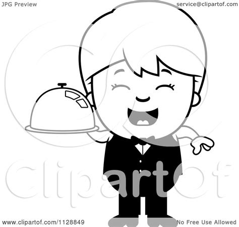 Cartoon Of A Black And White Happy Waiter Boy Carrying A
