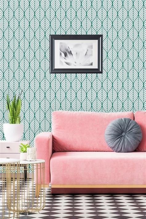 Green Geometric Leaves Removable Wallpaper Peel And Stick Etsy Wall