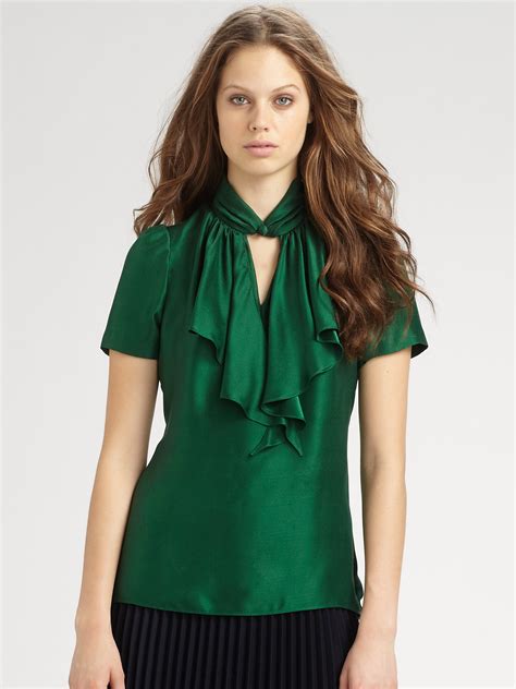 Milly Ruffled Silk Blouse In Emerald Green Lyst