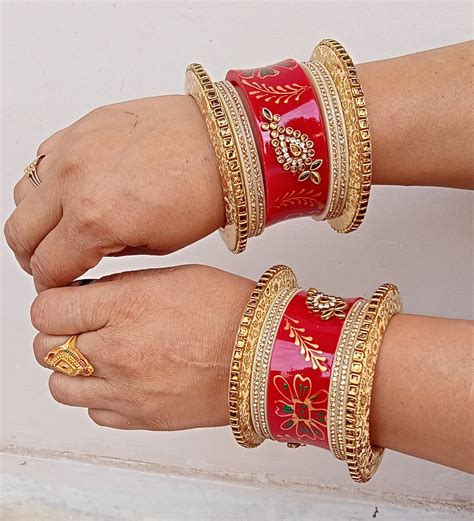 Indian Wedding Bangles Bridal Red Choora Set Stones Bangles Etsy