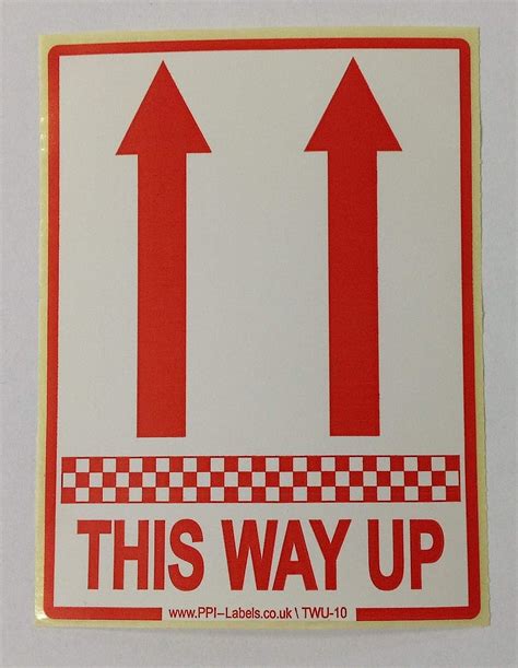 This Way Up Labels On Roll 500 100x75mm 4x3 Inches Red Text On