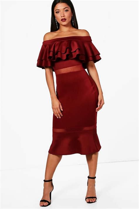 Double Layer Off The Shoulder Frill Midi Dress Dresses Bodycon Fashion
