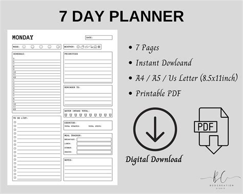 7 Day Planner Printableprintable 7 Day Plannerdaily To Do Etsy