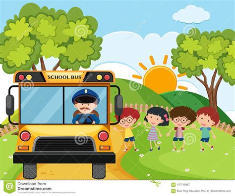 School Bus With Kids And Driver On The Hills Stock Vector