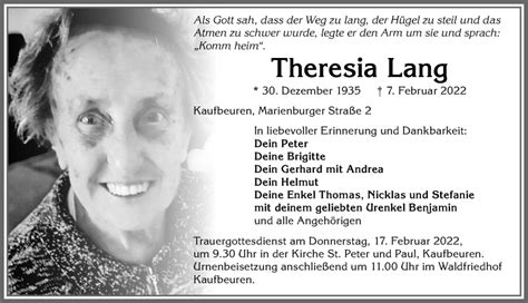 Traueranzeigen Von Theresia Lang Allg Uer Zeitung