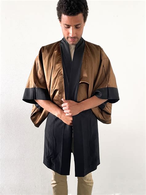 Hiroki Black Silk Kimono Jacket With Silk Woven Lining In Copper Brown