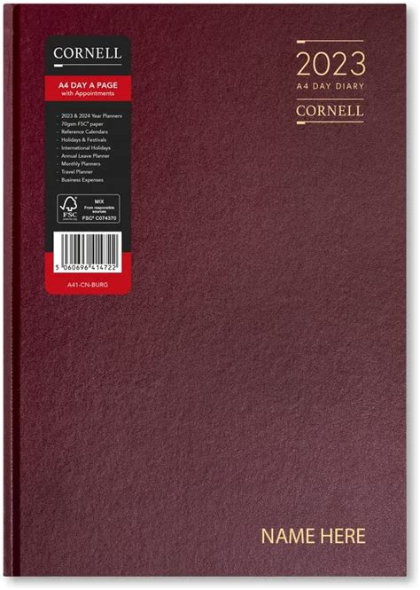 Buy Cornell 2023 Diary A4 Day A Page Diary Appointments Burgundy