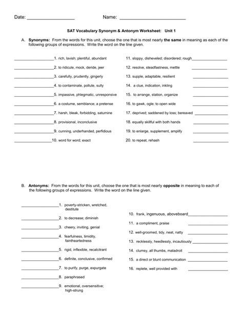 Free Printable Sat Vocabulary Worksheets