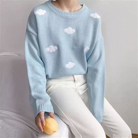 Cute Women Girl Cloud Pastel Loose Casual Knitted Sweater Pullover