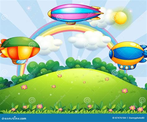 Airships Flying In Sky With Clouds And Shining Sun Vector Illustration