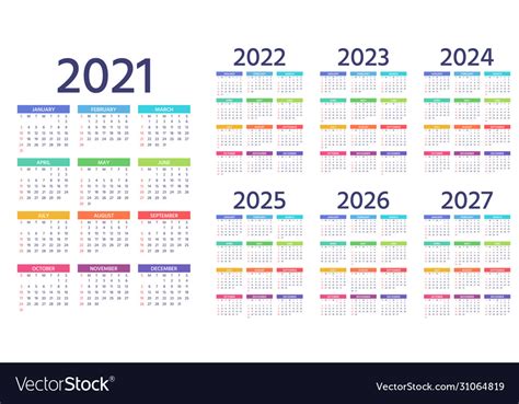 The calendars for 2021 are more simple and elegant to suit. Calendar 2021 2022 2023 2024 2025 2026 2027 years Vector Image