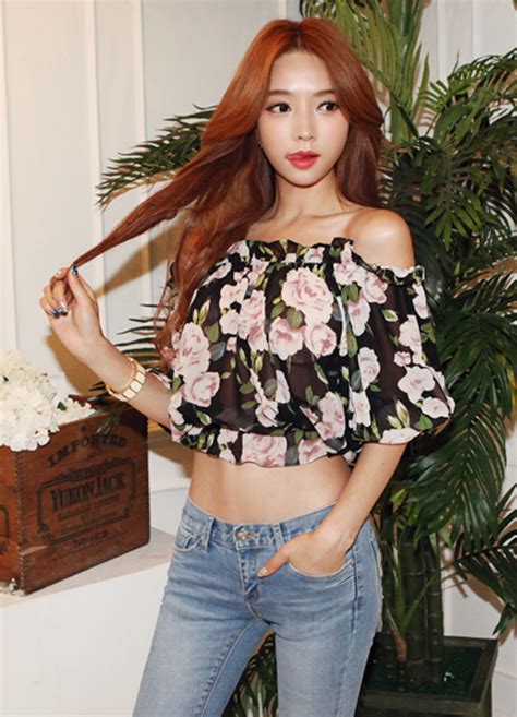 [dabagirl] Floral Print Off Shoulder See Through Blouse Kstylick Latest Korean Fashion K