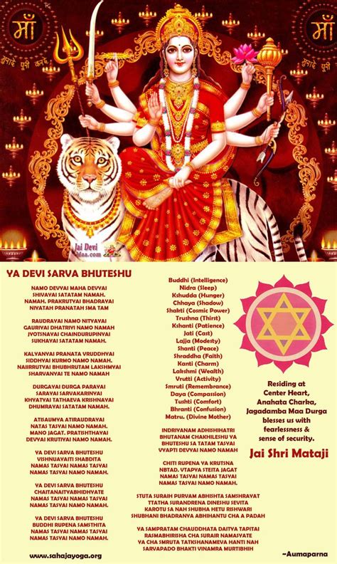 Ya Devi Sarva Bhuteshumaa Durga Presiding Deity Of Center Anahata Chakra Durga Mantra