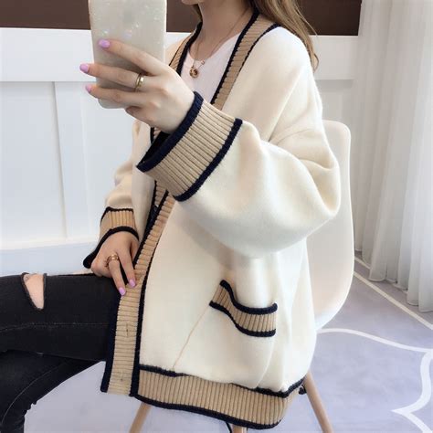 Women S Cardigan Knitted Korean Fashion Stripe Wool Sweater For Women