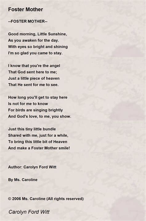 Foster Mother Foster Mother Poem By Carolyn Ford Witt