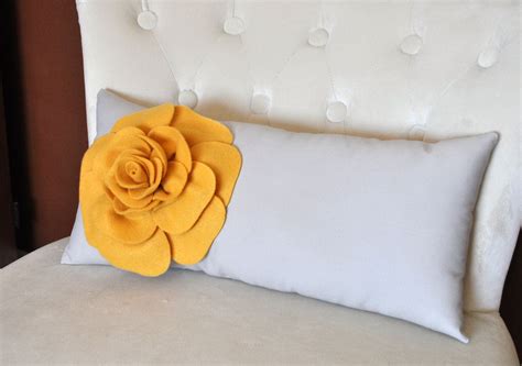 Decorative Mustard Rose On Light Gray Lumbar Pillow By Bedbuggs