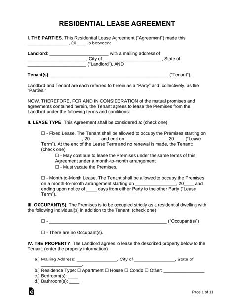 Free Rental Lease Agreement Templates Pdf Word Eforms