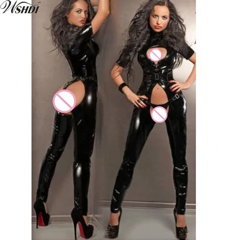 S Xxl Nieuwe Vrouwen Sexy Black Faux Leather Bodysuit Open Kruis Erotische Latex Catsuit