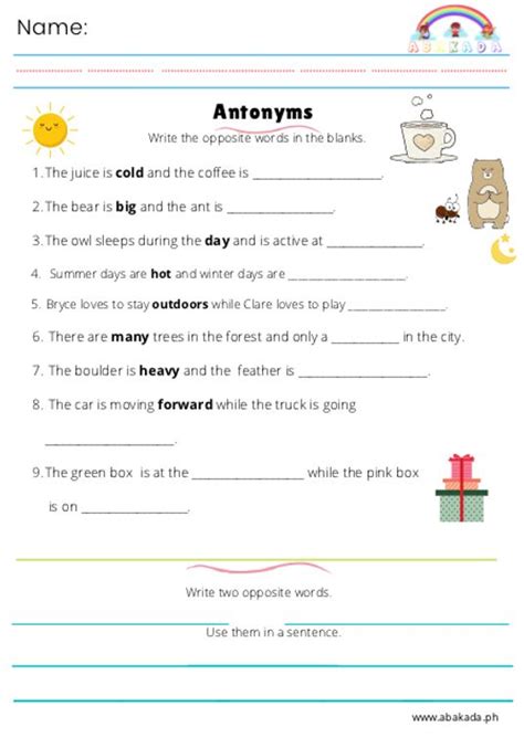Antonym Worksheet Grade 4