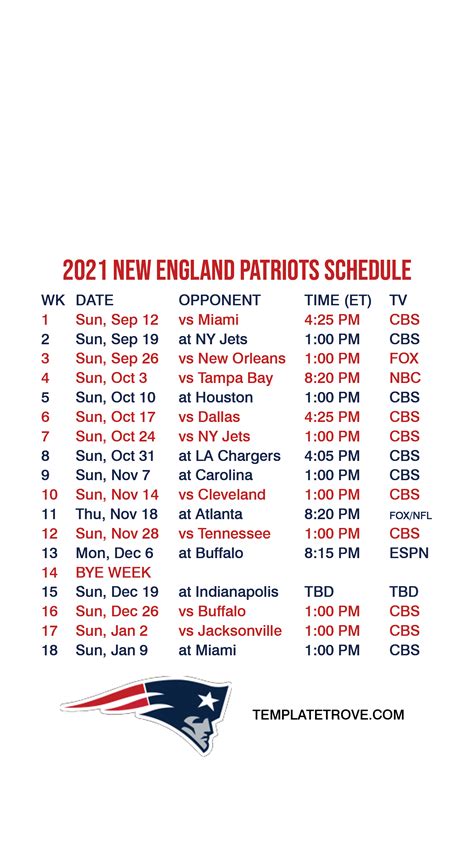 New England Patriots Schedule 2021 2022 Printable Printable Schedule