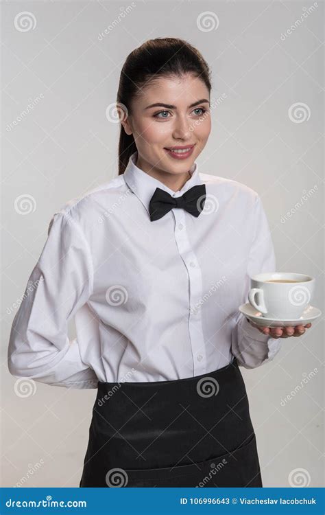 Joyful Positive Waitress Serving Tea Stock Image Image Of Cafe