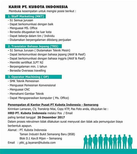 Saat ini pt kubota indonesia kembali membuka rekrutmen lowongan kerja terbaru pada bulan februari 2021. PT. Kubota Indonesia Mencari Anda - Muhammad Syofii di Gayamsari, Semarang Kota, 23 Dec 2017 ...