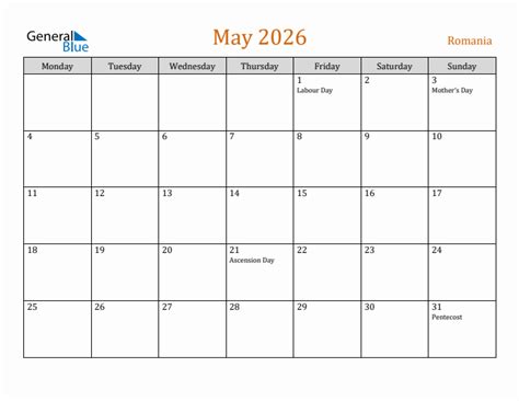 Free May 2026 Romania Calendar