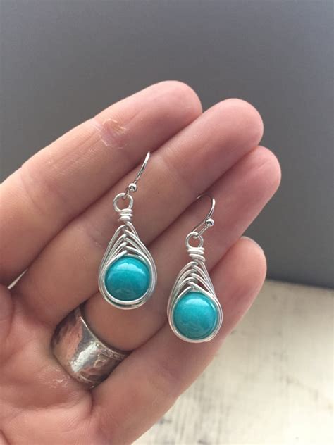 Turquoise Herringbone Earrings Wire Wrapped Earrings Silver Etsy