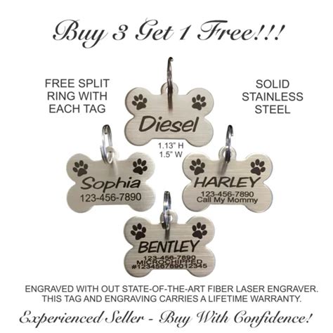 Custom Engraved Stainless Steel Bone Pet Tag Paw Print Dog Cat Id