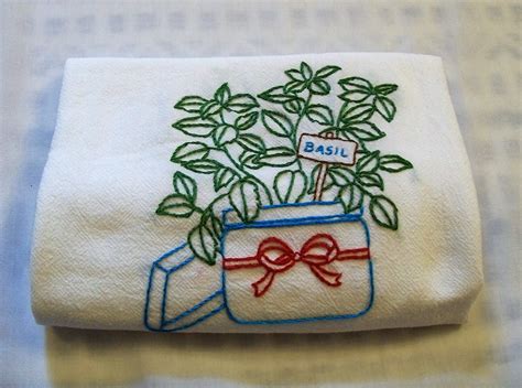 Hand Embroidered Hand Embroidery Dish Towel Basil Kitchen Etsy Dish
