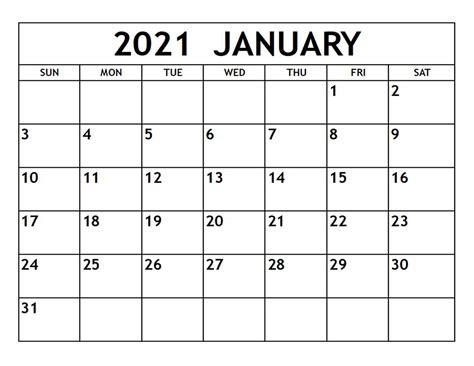 Printable January 2021 Calendar Template | Zudocalendrio