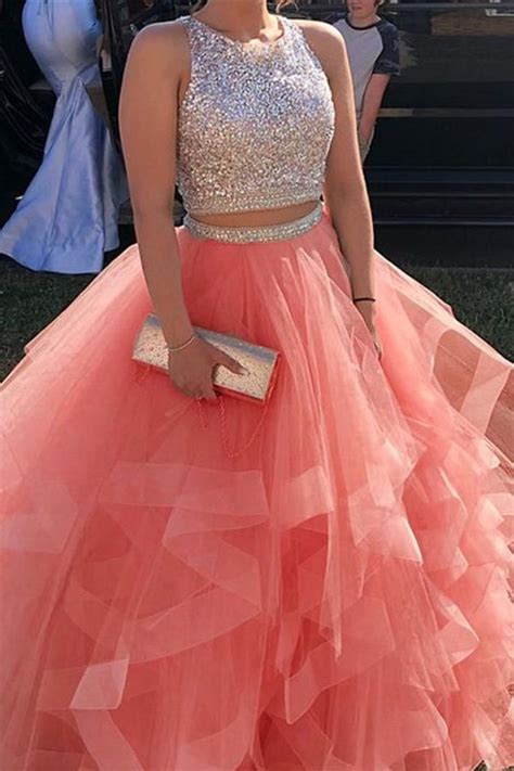 2 Pieces Beaded Tulle Princess Prom Dress Custom Made Long Quinceanera Dress Fashion School