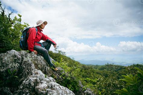 Young Person Hiking Male On Top Rock Backpack Man Looking At Beautiful