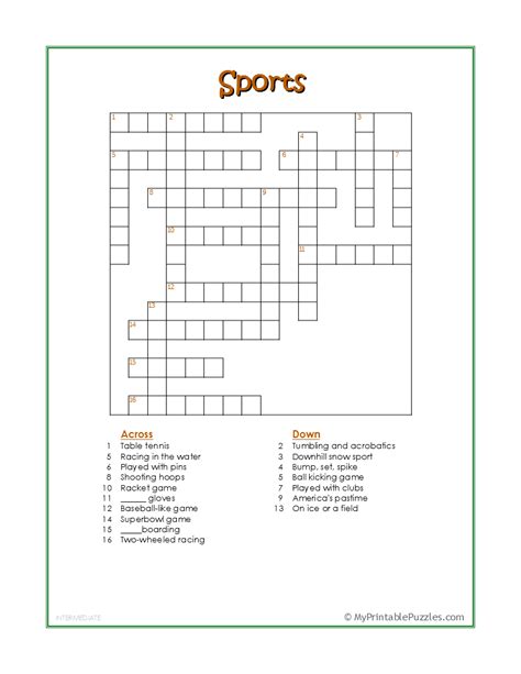 Sports Crossword Puzzle Intermediate My Printable Puzzles
