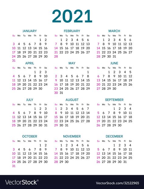 Quickly print a blank yearly 2021 calendar for your fridge, desk, planner or wall using one of our pdfs or images. Pocket calendar layout for 2021 year Royalty Free Vector