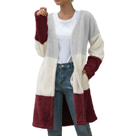 Nlife Women Colorblock Long Sleeve Fleece Open Front Cardigan