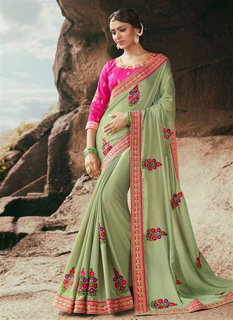 Pista Green Color Silk Saree Party Wear Sarees Saree Designs