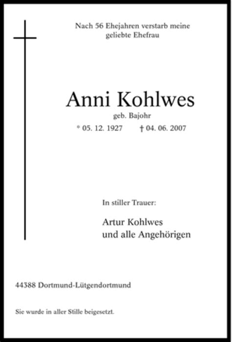 Traueranzeigen Von Anni Kohlwes Trauer In Nrwde