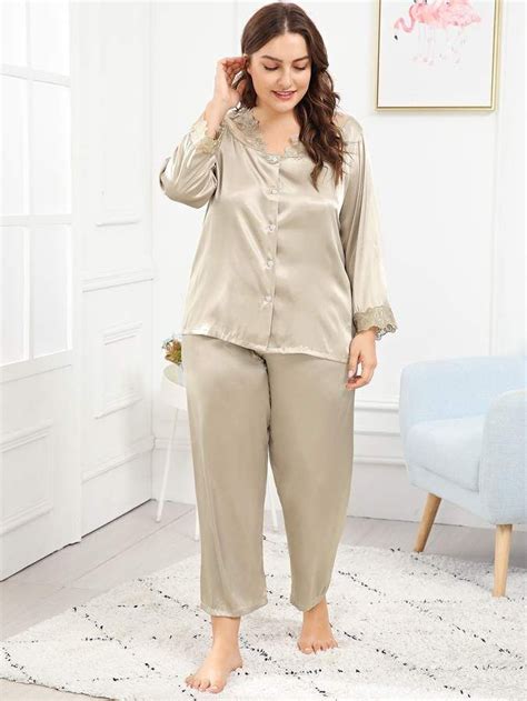 Romwe Plus Embroidered Lace Trim Satin Pajama Set Satin Pyjama Set