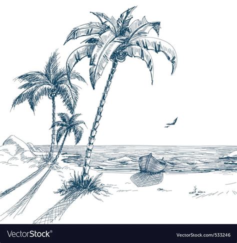 Summer Beach With Palm Trees Seagulls And Boat On Shore Hand Drawn