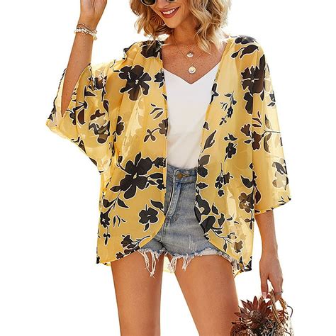 ukap summer women floral print chiffon cardigans casual loose open front beach cover up tops