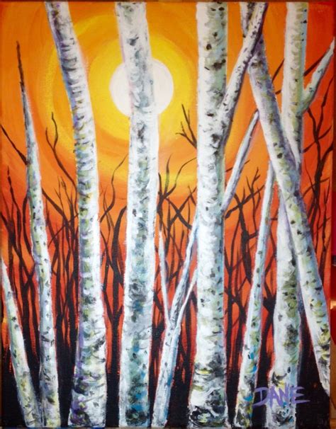 Birch Trees At Sunset Is An 11 X 14 Acrylics On Canvas Painting By