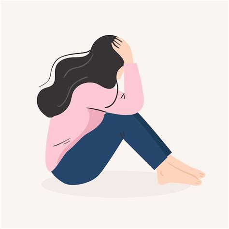 Sad Lonely Woman Depressed Young Girl Vector Illustration In Flat