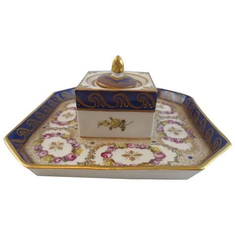 Beautiful French Porcelain Inkwell With Sevres Mark Ruby Lane
